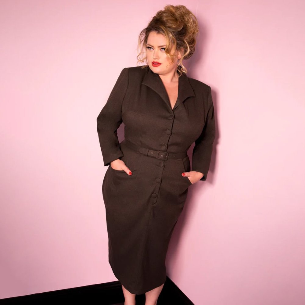 Vixen by Micheline Pitt Dark Brown Long Sleeve Vintage-Inspired Dress